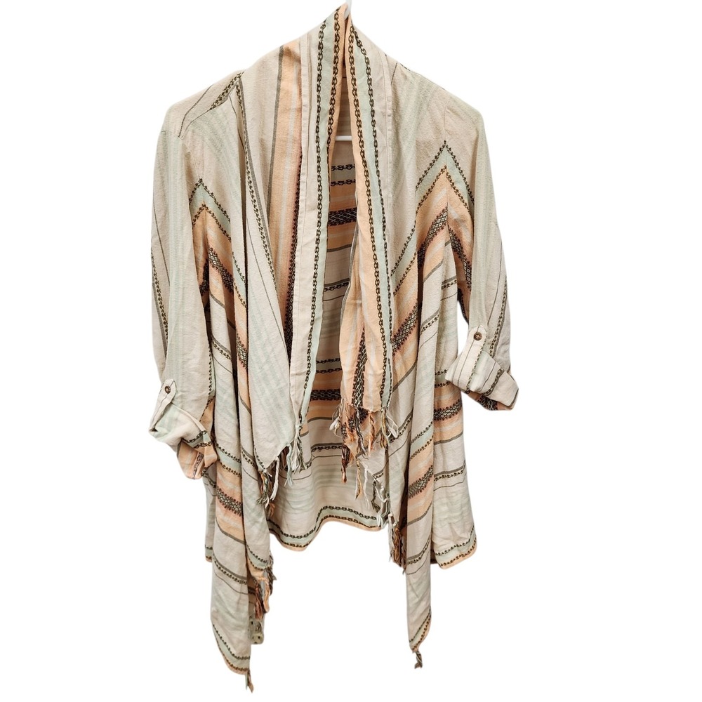 Gimmicks by BKE Open Cardigan Wrap XS Neutral Striped Roll Tab Fringe Soft Boho